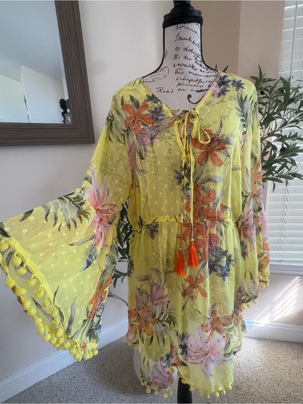 Yellow Floral Tie-Front Boho Tunic with Pom Trim